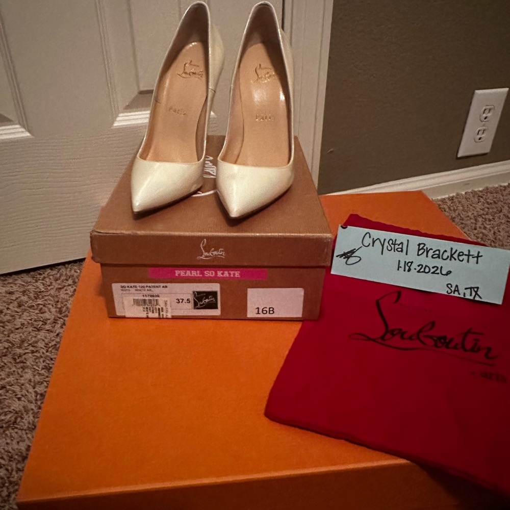 Christian Louboutin Ivory Patent Leather Pointed-Toe Pumps